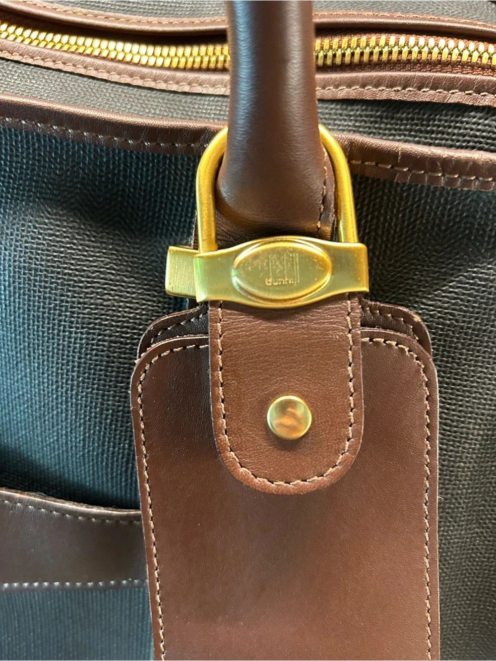 Dunhill Black Duffel with Brown Leather Trim and Gold Accents